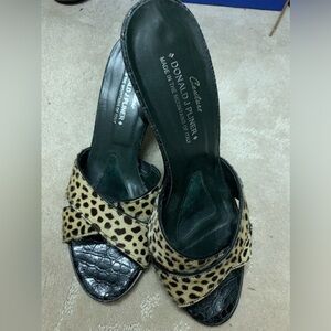 Donald J Pliner Mohair animal print cross front, leather base. Blackwood heel.